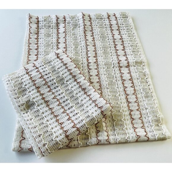 Vintage 70s mesh curtains, beige, red, brown striped net woven panels, pair - Picture 10 of 10